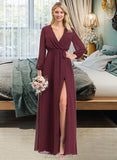 Melany A-Line V-neck Floor-Length Chiffon Bridesmaid Dress With Ruffle Bow(s) Split Front UKP0012795