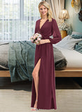 Melany A-Line V-neck Floor-Length Chiffon Bridesmaid Dress With Ruffle Bow(s) Split Front UKP0012795