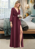 Melany A-Line V-neck Floor-Length Chiffon Bridesmaid Dress With Ruffle Bow(s) Split Front UKP0012795