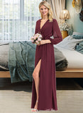 Melany A-Line V-neck Floor-Length Chiffon Bridesmaid Dress With Ruffle Bow(s) Split Front UKP0012795