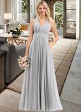 Terri A-Line V-neck Floor-Length Chiffon Bridesmaid Dress With Ruffle Bow(s) Pockets UKP0012797