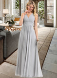 Terri A-Line V-neck Floor-Length Chiffon Bridesmaid Dress With Ruffle Bow(s) Pockets UKP0012797