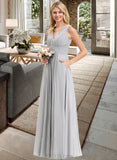 Terri A-Line V-neck Floor-Length Chiffon Bridesmaid Dress With Ruffle Bow(s) Pockets UKP0012797