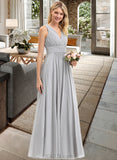 Terri A-Line V-neck Floor-Length Chiffon Bridesmaid Dress With Ruffle Bow(s) Pockets UKP0012797