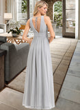 Terri A-Line V-neck Floor-Length Chiffon Bridesmaid Dress With Ruffle Bow(s) Pockets UKP0012797