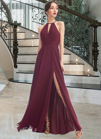 Mara A-Line Halter Floor-Length Bridesmaid Dress With Split Front UKP0012798