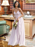 Lola A-Line V-neck Asymmetrical Bridesmaid Dress With Ruffle Split Front UKP0012799