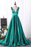 A Line Evening Dresses V Neck Satin Sweep Train Open Back