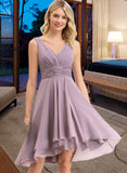 Courtney A-line V-Neck Asymmetrical Chiffon Bridesmaid Dress With Ruffle UKP0012801