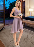 Courtney A-line V-Neck Asymmetrical Chiffon Bridesmaid Dress With Ruffle UKP0012801