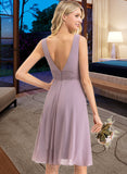 Courtney A-line V-Neck Asymmetrical Chiffon Bridesmaid Dress With Ruffle UKP0012801