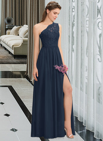 Azul A-Line One-Shoulder Floor-Length Chiffon Lace Bridesmaid Dress With Split Front UKP0012808