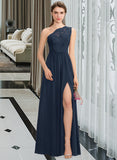 Azul A-Line One-Shoulder Floor-Length Chiffon Lace Bridesmaid Dress With Split Front UKP0012808