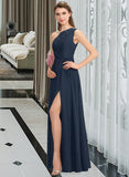 Azul A-Line One-Shoulder Floor-Length Chiffon Lace Bridesmaid Dress With Split Front UKP0012808