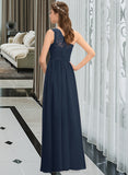 Azul A-Line One-Shoulder Floor-Length Chiffon Lace Bridesmaid Dress With Split Front UKP0012808