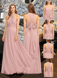 Kylee A-Line One-Shoulder Halter V-neck Floor-Length Chiffon Bridesmaid Dress With Ruffle UKP0012813