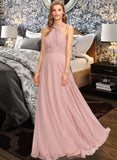 Kylee A-Line One-Shoulder Halter V-neck Floor-Length Chiffon Bridesmaid Dress With Ruffle UKP0012813