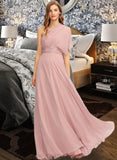 Kylee A-Line One-Shoulder Halter V-neck Floor-Length Chiffon Bridesmaid Dress With Ruffle UKP0012813