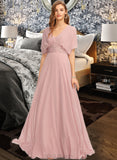 Kylee A-Line One-Shoulder Halter V-neck Floor-Length Chiffon Bridesmaid Dress With Ruffle UKP0012813