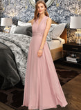 Kylee A-Line One-Shoulder Halter V-neck Floor-Length Chiffon Bridesmaid Dress With Ruffle UKP0012813