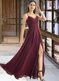 Norah A-Line V-neck Floor-Length Bridesmaid Dress With Ruffle Split Front UKP0012815