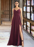 Norah A-Line V-neck Floor-Length Bridesmaid Dress With Ruffle Split Front UKP0012815