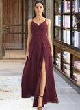 Norah A-Line V-neck Floor-Length Bridesmaid Dress With Ruffle Split Front UKP0012815