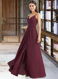 Norah A-Line V-neck Floor-Length Bridesmaid Dress With Ruffle Split Front UKP0012815