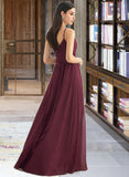 Norah A-Line V-neck Floor-Length Bridesmaid Dress With Ruffle Split Front UKP0012815