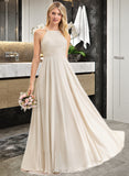 Kadence A-Line Scoop Neck Floor-Length Chiffon Lace Bridesmaid Dress With Pockets UKP0012817