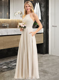 Kadence A-Line Scoop Neck Floor-Length Chiffon Lace Bridesmaid Dress With Pockets UKP0012817