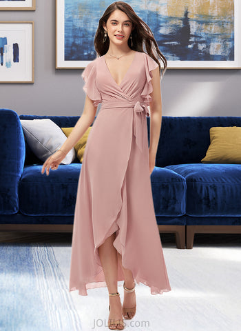 Kaleigh A-line V-Neck Asymmetrical Chiffon Bridesmaid Dress With Ruffle UKP0012818