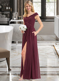 Bethany A-Line Off-the-Shoulder Floor-Length Chiffon Bridesmaid Dress With Ruffle Split Front Pockets UKP0012819