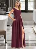 Bethany A-Line Off-the-Shoulder Floor-Length Chiffon Bridesmaid Dress With Ruffle Split Front Pockets UKP0012819