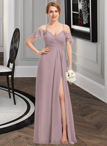 Peggie A-Line V-neck Floor-Length Chiffon Bridesmaid Dress With Ruffle Split Front Cascading Ruffles UKP0012822