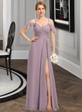 Peggie A-Line V-neck Floor-Length Chiffon Bridesmaid Dress With Ruffle Split Front Cascading Ruffles UKP0012822