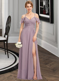 Peggie A-Line V-neck Floor-Length Chiffon Bridesmaid Dress With Ruffle Split Front Cascading Ruffles UKP0012822