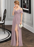 Peggie A-Line V-neck Floor-Length Chiffon Bridesmaid Dress With Ruffle Split Front Cascading Ruffles UKP0012822