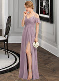 Peggie A-Line V-neck Floor-Length Chiffon Bridesmaid Dress With Ruffle Split Front Cascading Ruffles UKP0012822