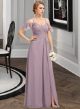 Peggie A-Line V-neck Floor-Length Chiffon Bridesmaid Dress With Ruffle Split Front Cascading Ruffles UKP0012822