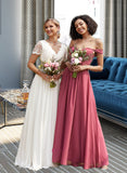 Ina A-line Off the Shoulder Floor-Length Chiffon Bridesmaid Dress With Ruffle UKP0012825