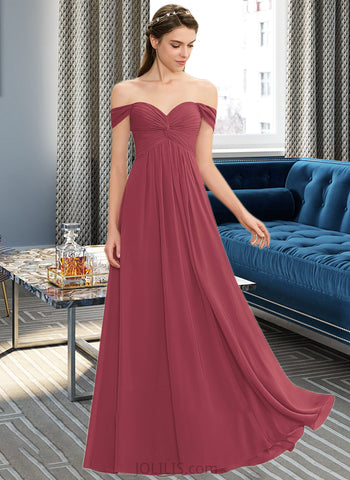 Ina A-line Off the Shoulder Floor-Length Chiffon Bridesmaid Dress With Ruffle UKP0012825