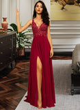 Raquel A-Line V-neck Floor-Length Chiffon Bridesmaid Dress With Lace Sequins Split Front UKP0012830