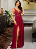 Raquel A-Line V-neck Floor-Length Chiffon Bridesmaid Dress With Lace Sequins Split Front UKP0012830