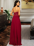 Raquel A-Line V-neck Floor-Length Chiffon Bridesmaid Dress With Lace Sequins Split Front UKP0012830