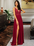 Raquel A-Line V-neck Floor-Length Chiffon Bridesmaid Dress With Lace Sequins Split Front UKP0012830