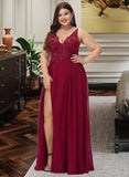 Raquel A-Line V-neck Floor-Length Chiffon Bridesmaid Dress With Lace Sequins Split Front UKP0012830