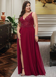 Raquel A-Line V-neck Floor-Length Chiffon Bridesmaid Dress With Lace Sequins Split Front UKP0012830