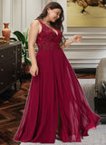 Raquel A-Line V-neck Floor-Length Chiffon Bridesmaid Dress With Lace Sequins Split Front UKP0012830