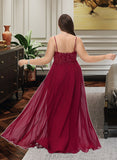 Raquel A-Line V-neck Floor-Length Chiffon Bridesmaid Dress With Lace Sequins Split Front UKP0012830